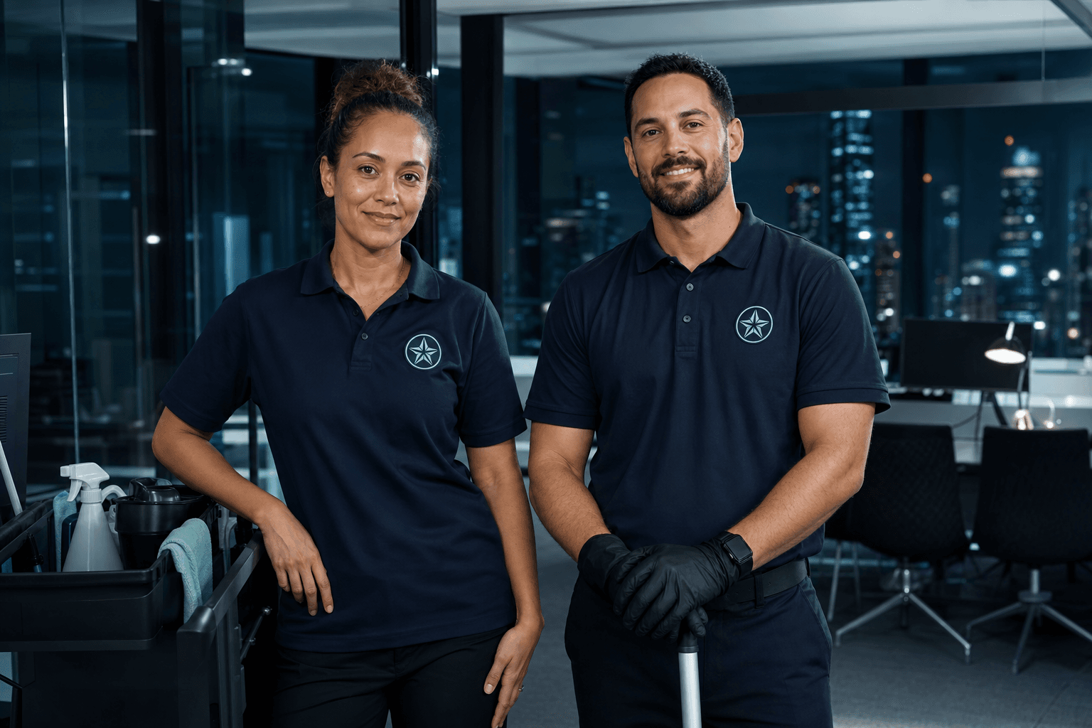 AfterFive after-hours cleaning crew in a Melbourne office at night