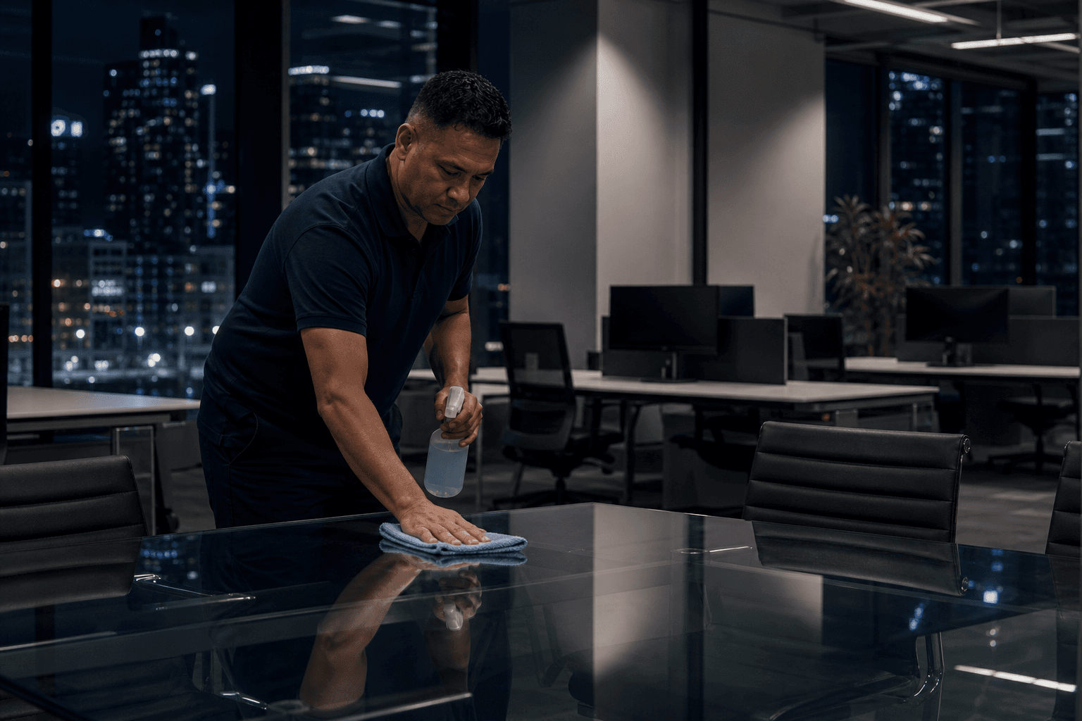 After-hours office cleaner wiping a Melbourne conference table at night